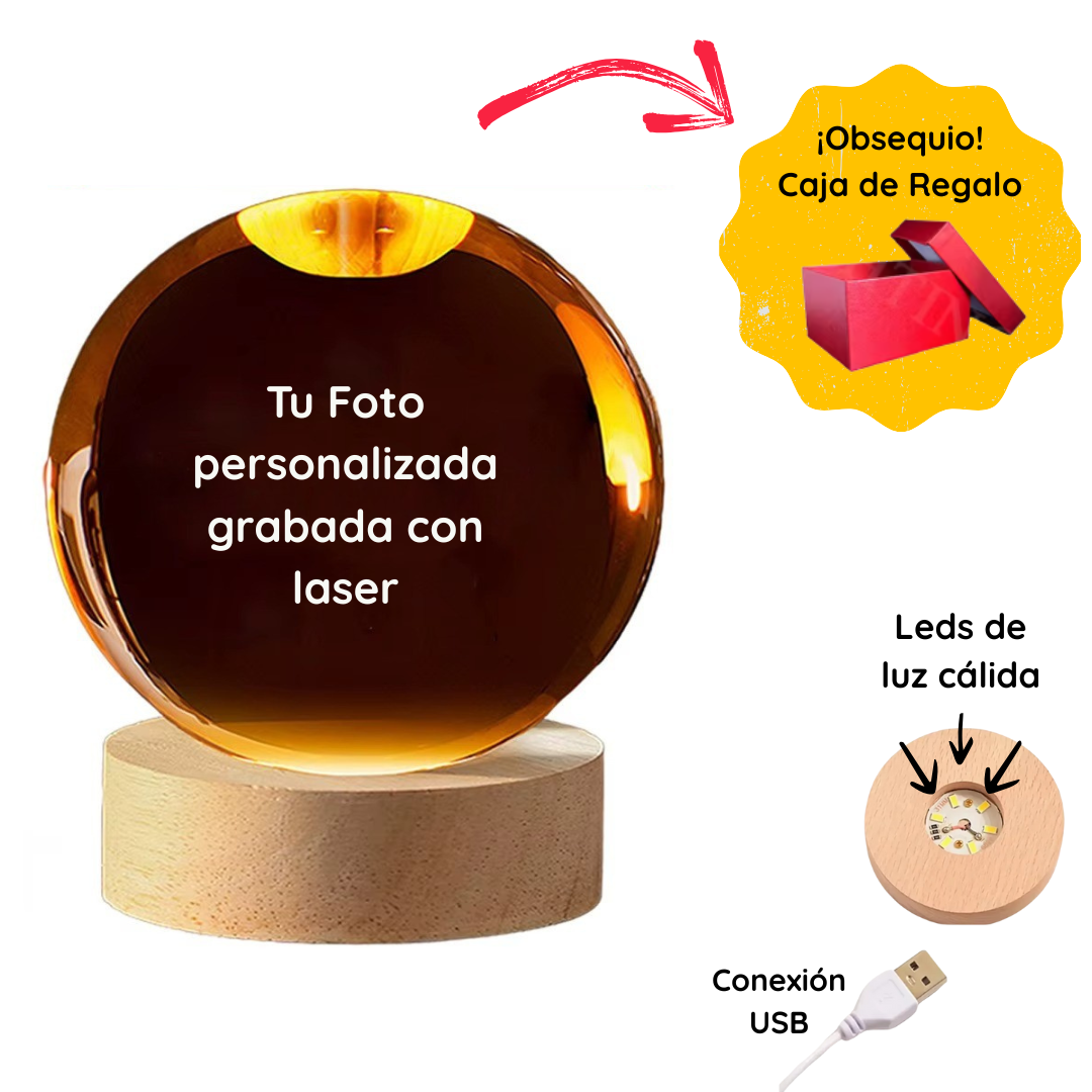 Esfera de Cristal Personalizada + Base de Madera con Luz